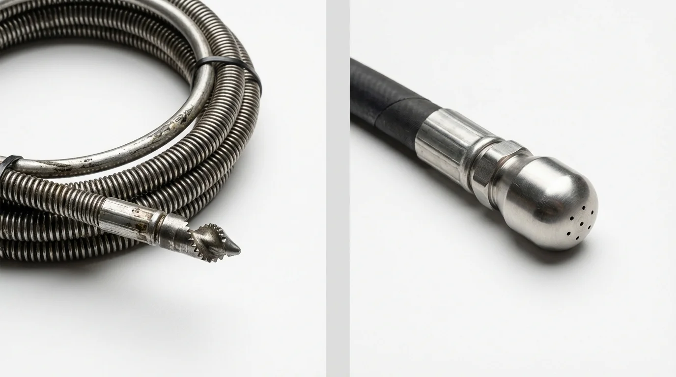 Drain snake cable and hydro jetting nozzle used for drain cleaning in Minden, LA