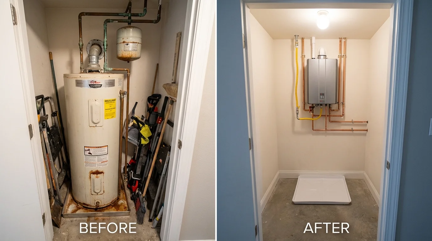 Tank water heater versus wall-mounted tankless unit comparison for Minden, LA homeowners