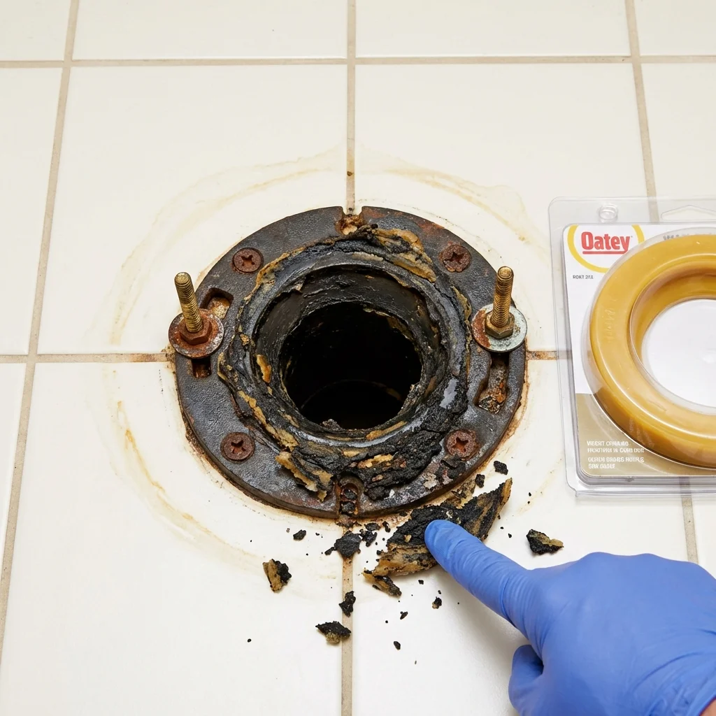 Failed wax ring showing water seepage at the base of a toilet in a Minden, LA home