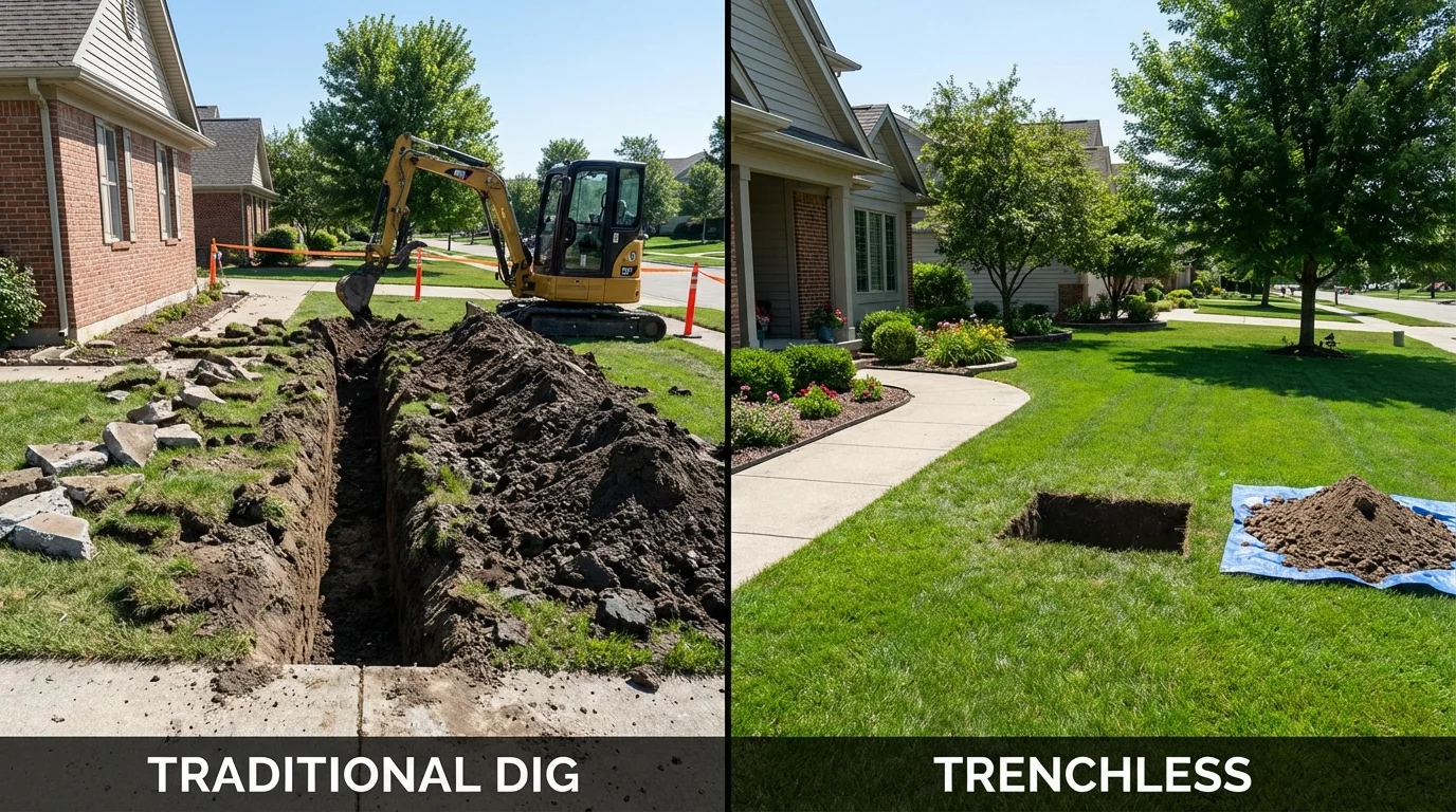 Trenchless sewer repair with minimal yard damage versus traditional excavation in Minden, LA