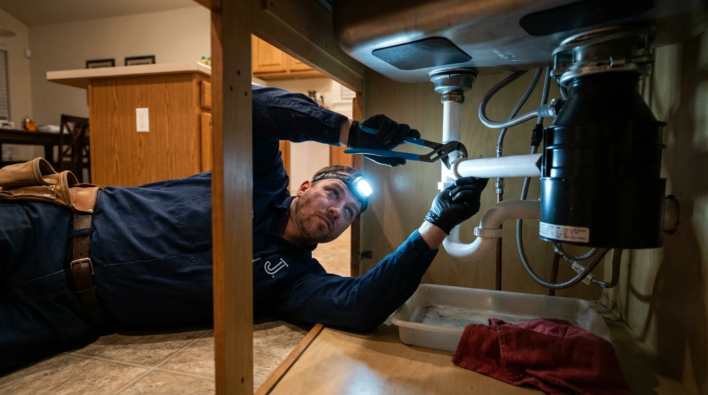 P-trap and supply line connections under a kitchen sink showing a common leak point in Minden, LA